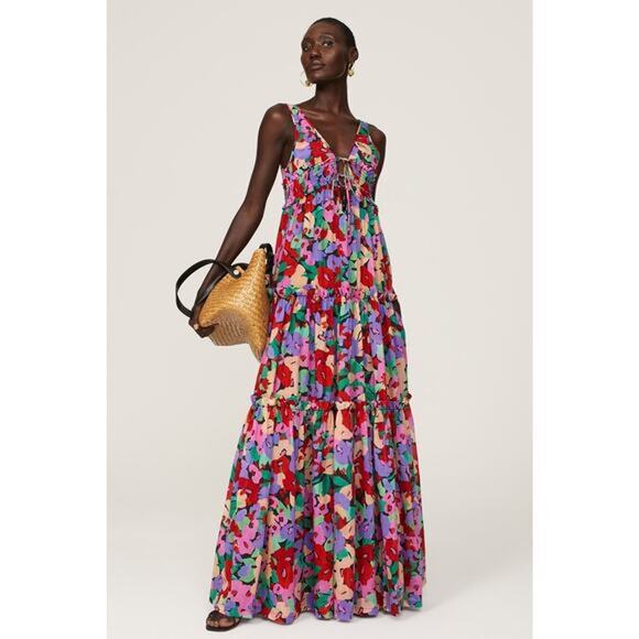 Nicholas Myla Multicolor Floral Print Silk Blend Tie V-Neck Maxi Dress Sz US 12 - Picture 1 of 12